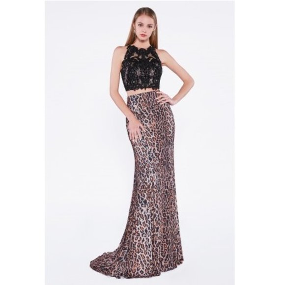 NEW Women's Formal Embroidery Leopard Print 2 PCE Long Evening Gown prom dress - Picture 2 of 6